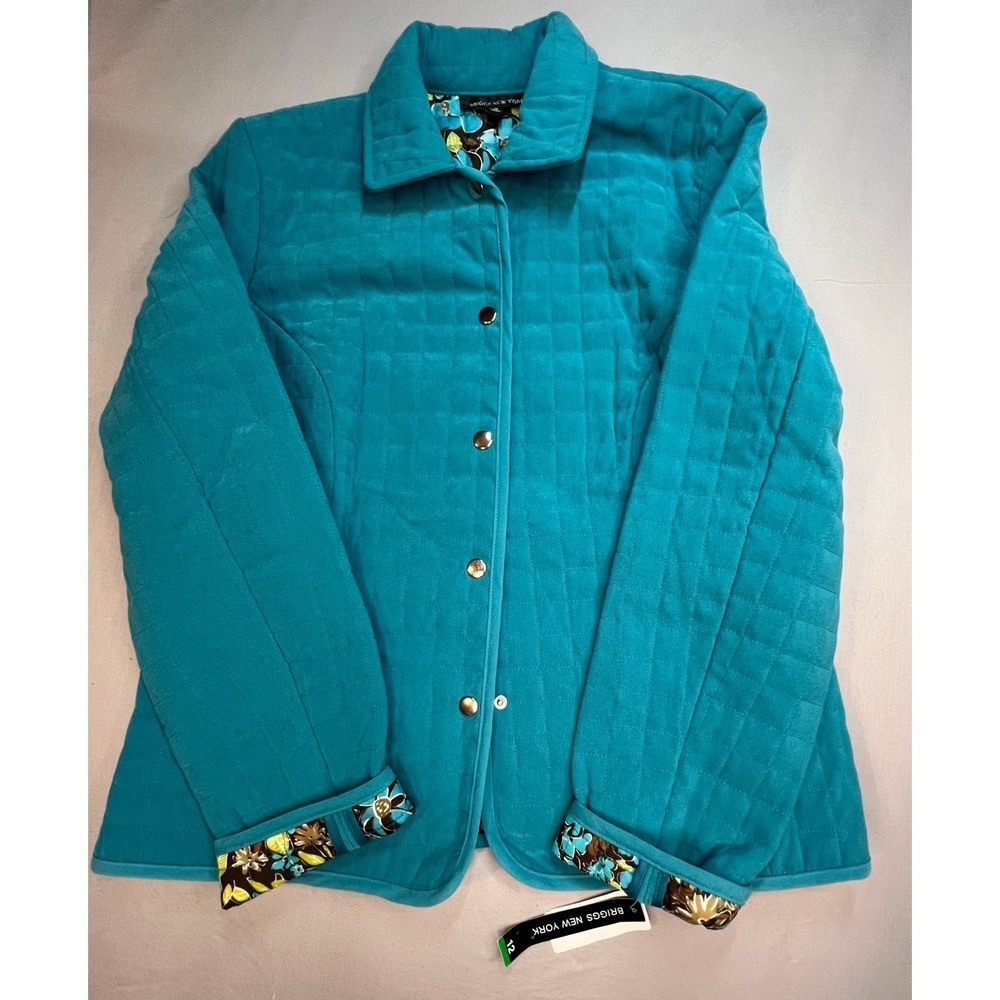 NWT Briggs New‎ York Quilted Jacket Teal Floral Lined Snap Front Size 12